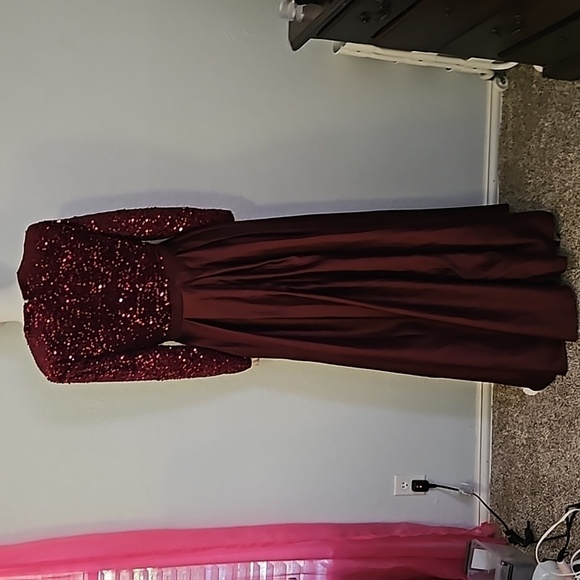 TS Couture Purple Satin Velvet Sequin Deep V Long Sleeve Formal Gown - Picture 4 of 8